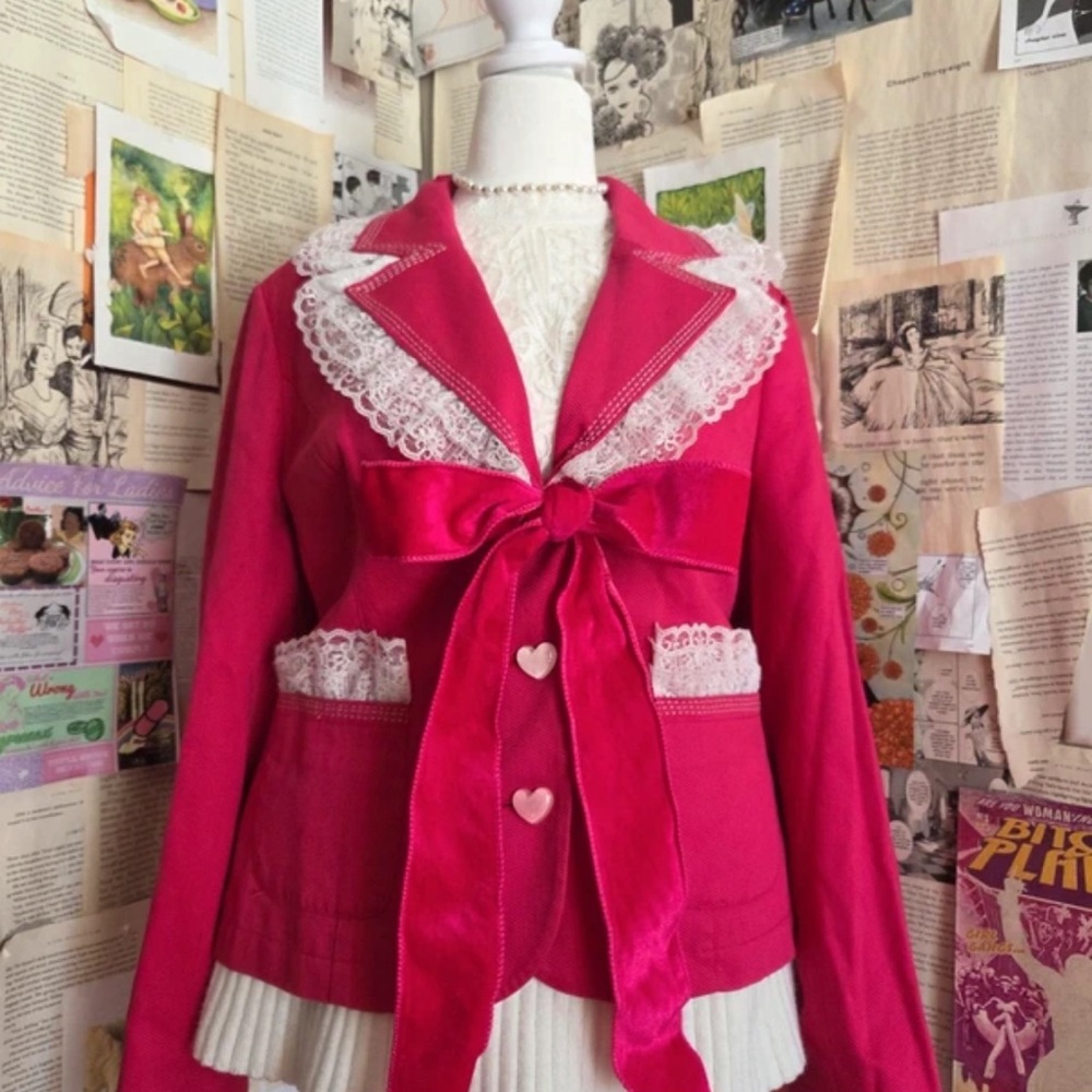 Charter Club Bright Pink Lace-Trim Bow Blazer
